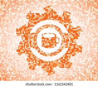 coffee cup icon inside abstract orange mosaic emblem