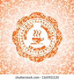 coffee cup icon inside abstract emblem, orange mosaic background