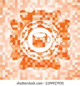 coffee cup icon inside abstract emblem, orange mosaic background