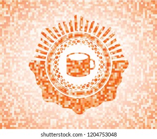 coffee cup icon inside abstract orange mosaic emblem