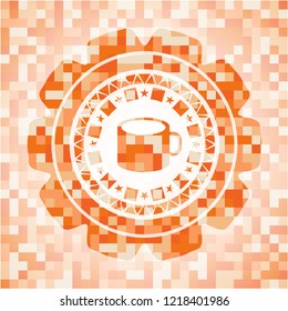 coffee cup icon inside abstract emblem, orange mosaic background