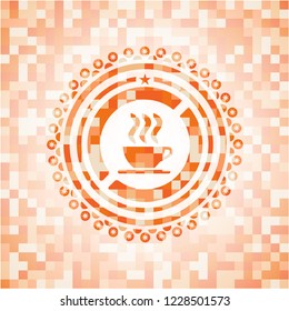 coffee cup icon inside abstract orange mosaic emblem with background