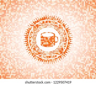 coffee cup icon inside abstract orange mosaic emblem with background