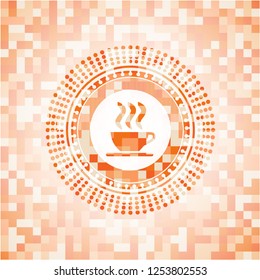 coffee cup icon inside abstract emblem, orange mosaic background
