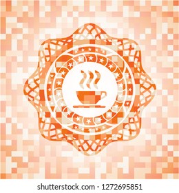 coffee cup icon inside abstract orange mosaic emblem