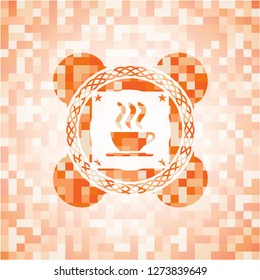 coffee cup icon inside abstract emblem, orange mosaic background