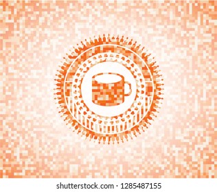 coffee cup icon inside abstract emblem, orange mosaic background