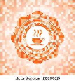 coffee cup icon inside abstract orange mosaic emblem with background