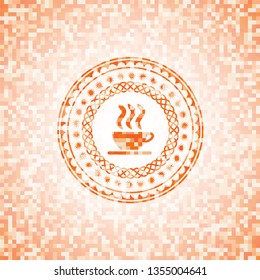 coffee cup icon inside abstract orange mosaic emblem