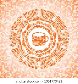 coffee cup icon inside abstract orange mosaic emblem