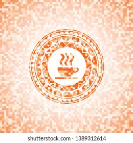 coffee cup icon inside abstract orange mosaic emblem with background
