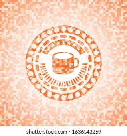 coffee cup icon inside abstract orange mosaic emblem