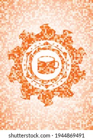 icono de taza de café dentro del emblema abstracto de mosaico naranja con fondo. 