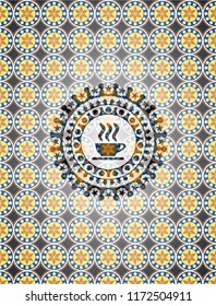 coffee cup icon inside arabesque style emblem. arabic decoration.
