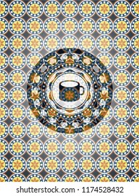 coffee cup icon inside arabesque emblem background. arabic decoration.