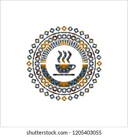 coffee cup icon inside arabesque style badge. arabic decoration.