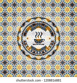 coffee cup icon inside arabesque style emblem. arabic decoration.