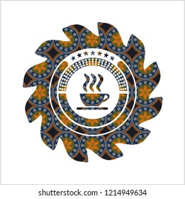 coffee cup icon inside arabesque badge background. arabic decoration.