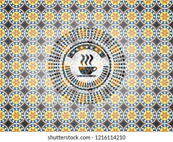 coffee cup icon inside arabesque emblem background. arabic decoration.