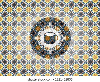 coffee cup icon inside arabesque emblem background. arabic decoration.