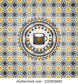 coffee cup icon inside arabesque style badge. arabic decoration.