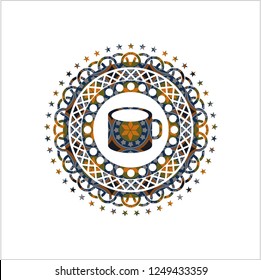coffee cup icon inside arabesque style emblem. arabic decoration.