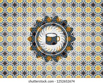 coffee cup icon inside arabesque badge. arabic decoration.