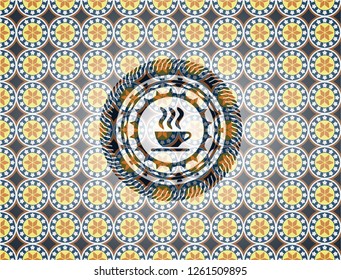 coffee cup icon inside arabesque style emblem. arabic decoration.