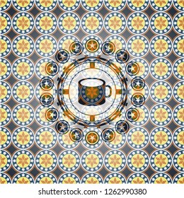 coffee cup icon inside arabesque badge. arabic decoration.