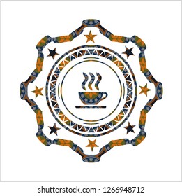 coffee cup icon inside arabesque style badge. arabic decoration.