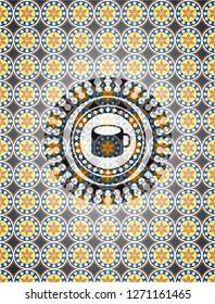 coffee cup icon inside arabesque badge background. arabic decoration.