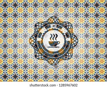 coffee cup icon inside arabesque style badge. arabic decoration.