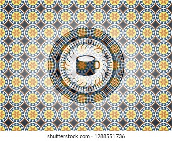 coffee cup icon inside arabesque style emblem. arabic decoration.
