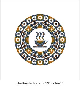 coffee cup icon inside arabesque emblem background. arabic decoration.