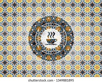 coffee cup icon inside arabesque emblem background. arabic decoration.