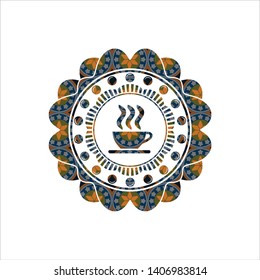 coffee cup icon inside arabesque emblem. arabic decoration.