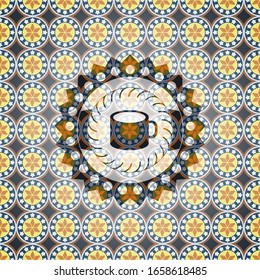 coffee cup icon inside arabesque badge. arabic decoration.