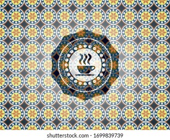 coffee cup icon inside arabesque style emblem. arabic decoration.