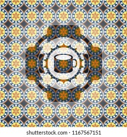 coffee cup icon inside arabic style emblem. Arabesque decoration.