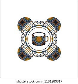 coffee cup icon inside arabic emblem. Arabesque decoration.