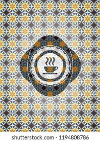 coffee cup icon inside arabic emblem. Arabesque decoration.