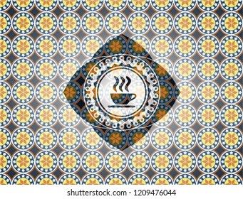 coffee cup icon inside arabic emblem. Arabesque decoration.
