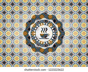 coffee cup icon inside arabic style emblem. Arabesque decoration.
