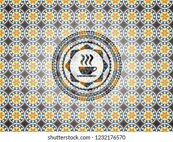 coffee cup icon inside arabic style emblem. Arabesque decoration.
