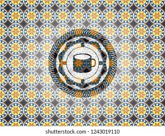 coffee cup icon inside arabic badge background. Arabesque decoration.