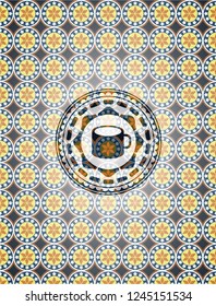 coffee cup icon inside arabic style badge. Arabesque decoration.