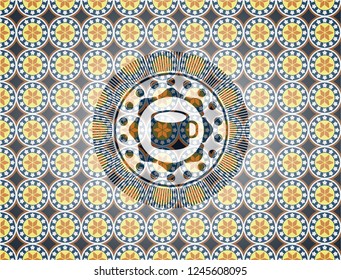 coffee cup icon inside arabic emblem. Arabesque decoration.