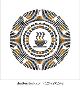 coffee cup icon inside arabic emblem background. Arabesque decoration.