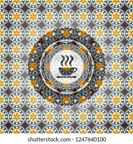 coffee cup icon inside arabic badge. Arabesque decoration.