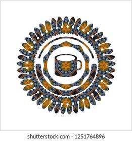 coffee cup icon inside arabic style emblem. Arabesque decoration.